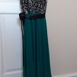 Black Lace Bodice Emerald Green Maxi Dress with Satin Waist Tie